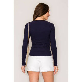 Raglan Long Sleeve V-Neck Top with Picot Stitch