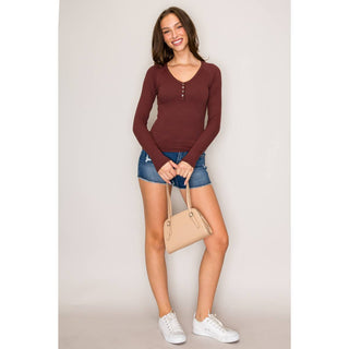 Raglan Long Sleeve V-Neck Top with Picot Stitch