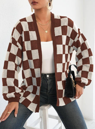 Plaid Colorblock Open Cardigan Sweater Cozy Casual Layer