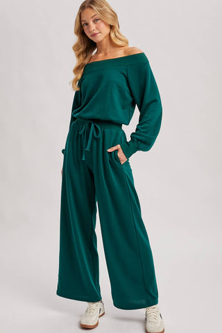 WIDE NECK OFF THE SHOULDER KNIT JUMPSUIT (HUNTER GREEN)