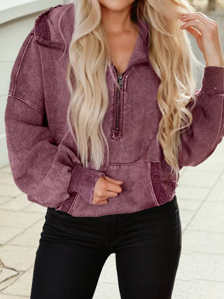 Half-Zip Mineral Wash Baggy Hoodie with Kangaroo Pocket