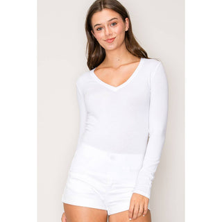 V Neck LonV-Neck Long Sleeve Cotton Knit Tee