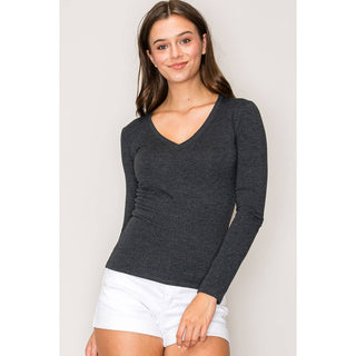 V Neck LonV-Neck Long Sleeve Cotton Knit Tee