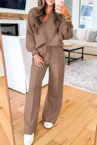 Polo Collar V Neck Pullover and Drawstring Sweatpants Matching Set