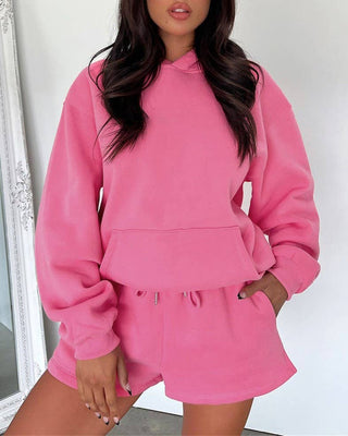 Basic Pocket Hoodie & Drawstring Short Set: Apricot