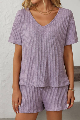 Solid Color Striped Short-Sleeved Home Wear Suit
