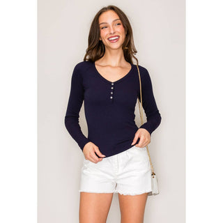 Raglan Long Sleeve V-Neck Top with Picot Stitch
