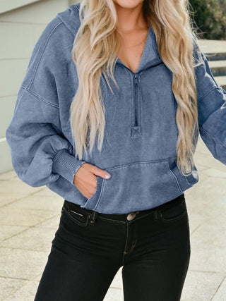 Half-Zip Mineral Wash Baggy Hoodie with Kangaroo Pocket