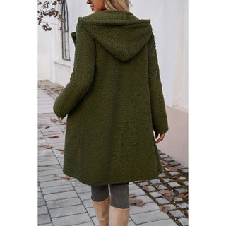 Fuzzy Fleece Hooded Button Lapel Knee Long Coat