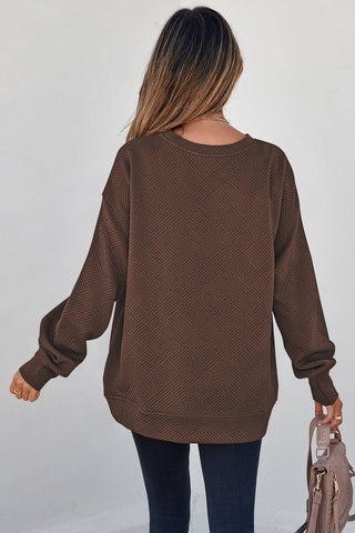 Solid Color Textured Round Neck Drop Shoulder Pullover Sweatshirt