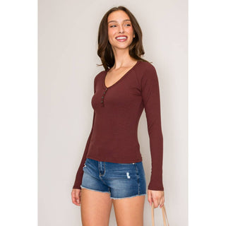 Raglan Long Sleeve V-Neck Top with Picot Stitch