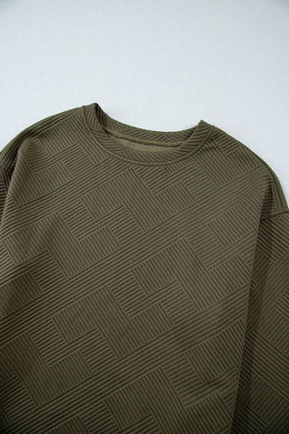 Solid Color Textured Round Neck Drop Shoulder Pullover Sweatshirt