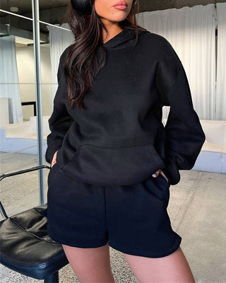 Basic Pocket Hoodie & Drawstring Short Set: Apricot