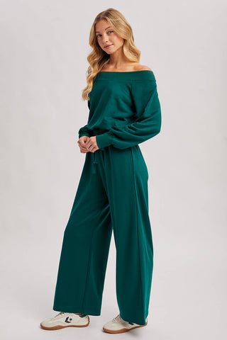 WIDE NECK OFF THE SHOULDER KNIT JUMPSUIT (HUNTER GREEN)