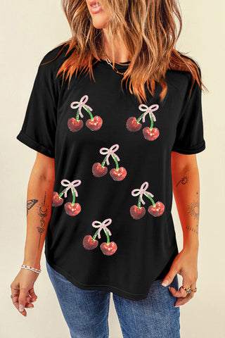 Black Sequin Cherry Patched Graphic Tee