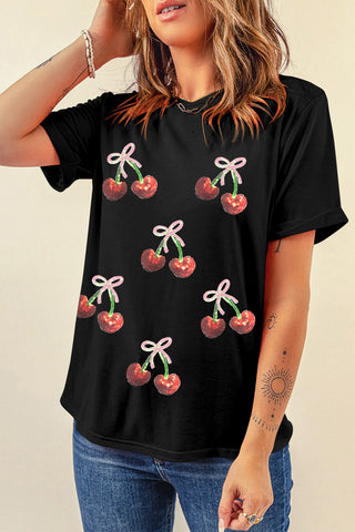 Black Sequin Cherry Patched Graphic Tee