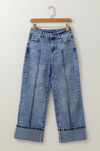 High-Waisted Straight-Leg Cuffed Denim Jeans