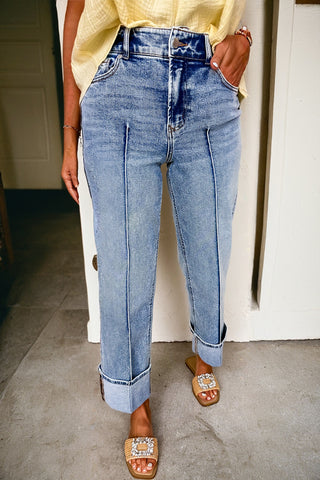 High-Waisted Straight-Leg Cuffed Denim Jeans