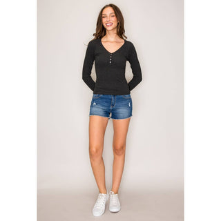 Raglan Long Sleeve V-Neck Top with Picot Stitch