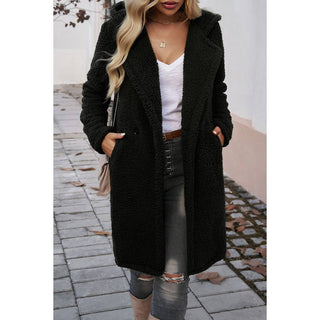 Fuzzy Fleece Hooded Button Lapel Knee-Length Coat