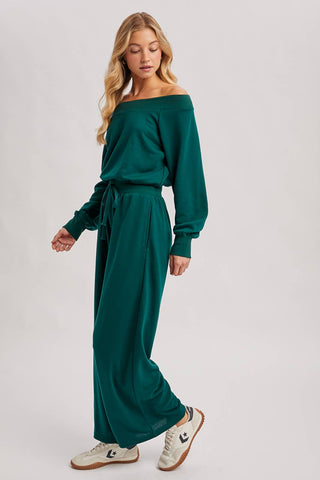 WIDE NECK OFF THE SHOULDER KNIT JUMPSUIT (HUNTER GREEN)