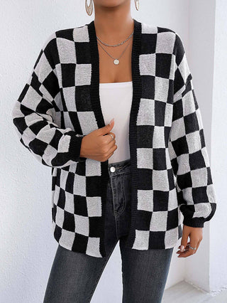 Plaid Colorblock Open Cardigan Sweater Cozy Casual Layer