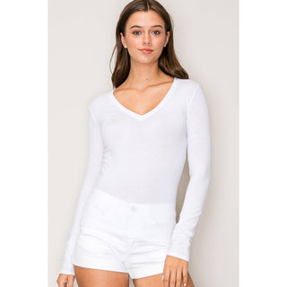 V Neck LonV-Neck Long Sleeve Cotton Knit Tee