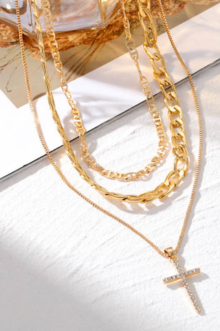 Plated Cross Pendant Multi Layer Stacked Chains Necklace: Gold / ONE SIZE