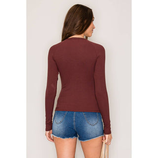 Raglan Long Sleeve V-Neck Top with Picot Stitch
