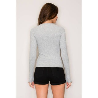 Raglan Long Sleeve V-Neck Top with Picot Stitch
