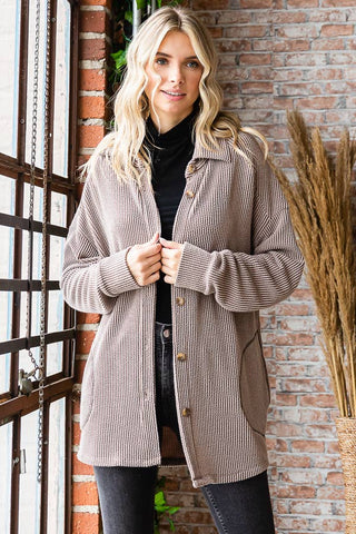 Solid Rib Button-Down Long Sleeve Shacket with Side Pockets: Mocha