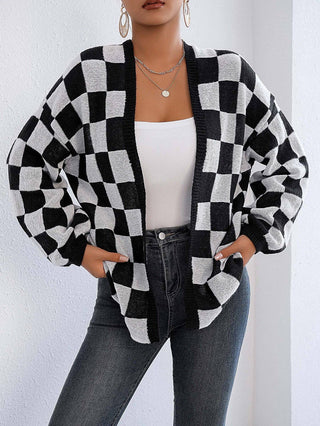 Plaid Colorblock Open Cardigan Sweater Cozy Casual Layer