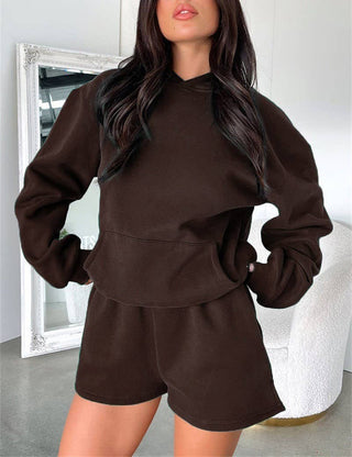 Basic Pocket Hoodie & Drawstring Short Set: Apricot