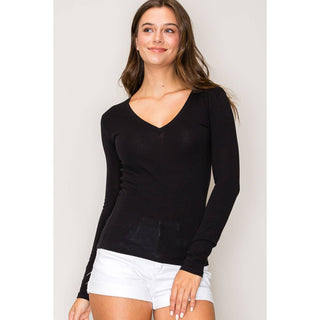 V Neck LonV-Neck Long Sleeve Cotton Knit Tee
