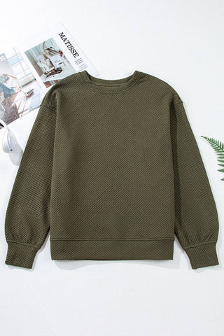 Solid Color Textured Round Neck Drop Shoulder Pullover Sweatshirt