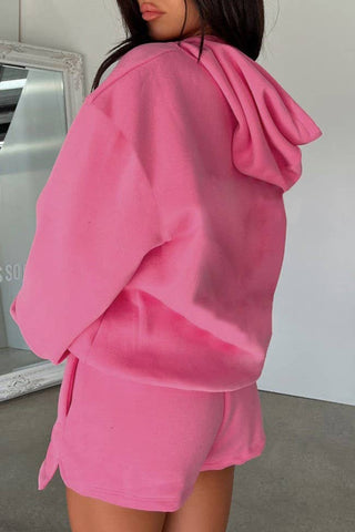 Basic Pocket Hoodie & Drawstring Short Set: Apricot