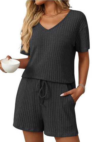 Solid Color Striped Short-Sleeved Home Wear Suit