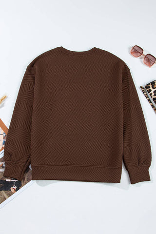 Solid Color Textured Round Neck Drop Shoulder Pullover Sweatshirt