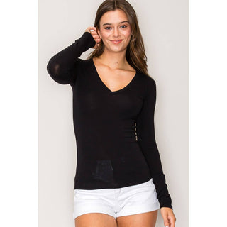 V Neck LonV-Neck Long Sleeve Cotton Knit Tee
