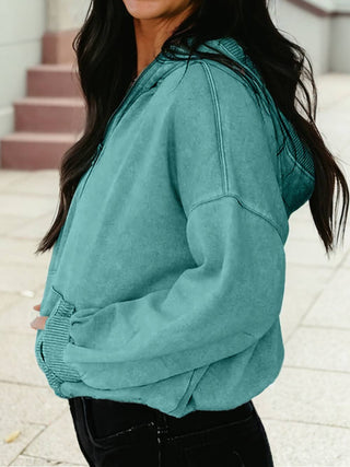 Half-Zip Mineral Wash Baggy Hoodie with Kangaroo Pocket