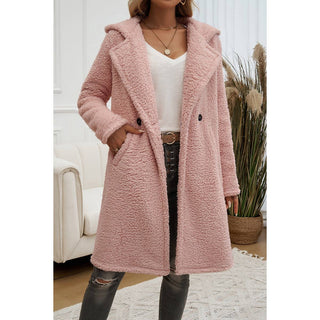 Fuzzy Fleece Hooded Button Lapel Knee-Length Coat