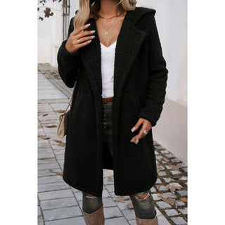 Fuzzy Fleece Hooded Button Lapel Knee-Length Coat