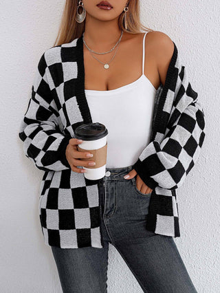 Plaid Colorblock Open Cardigan Sweater Cozy Casual Layer
