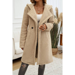 Fuzzy Fleece Hooded Button Lapel Knee-Length Coat