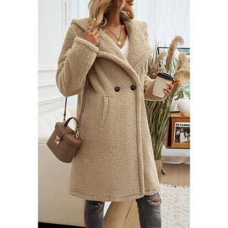 Fuzzy Fleece Hooded Button Lapel Knee-Length Coat