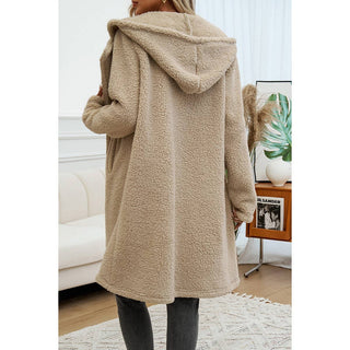 Fuzzy Fleece Hooded Button Lapel Knee Long Coat