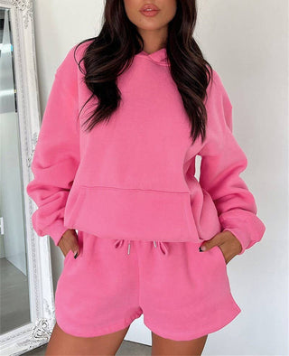 Basic Pocket Hoodie & Drawstring Short Set: Apricot