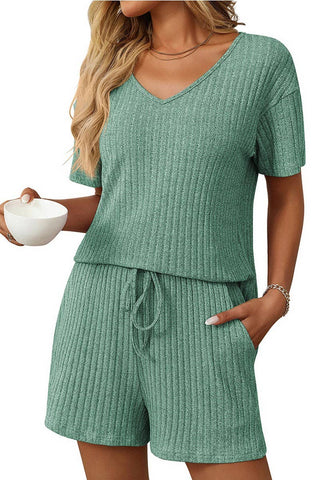 Solid Color Striped Short-Sleeved Home Wear Suit