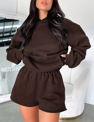 Basic Pocket Hoodie & Drawstring Short Set: Apricot