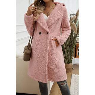 Fuzzy Fleece Hooded Button Lapel Knee Long Coat